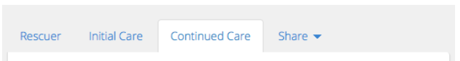 Rescuer, Initial Care and Continued Care tabs with a Share menu, now sitting directly above the patient record.