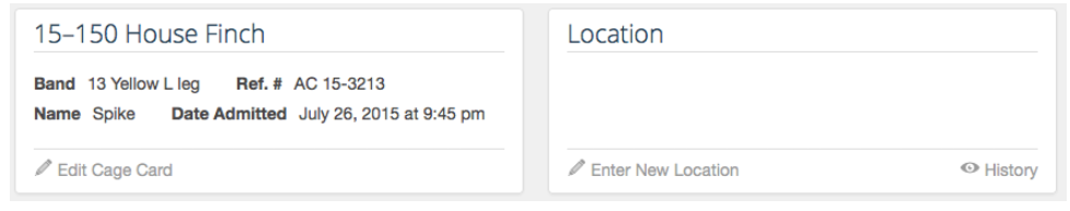 Patient header with a house finch’s cage card on the left and an empty Location panel on the right.