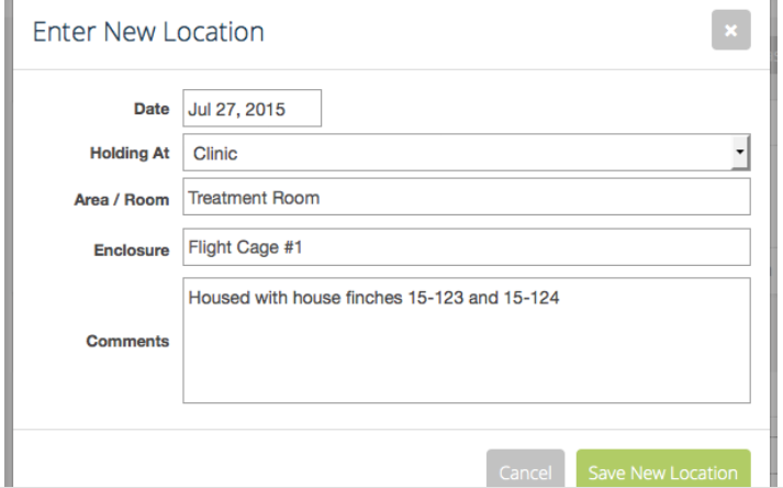 Enter New Location form placing the patient at the clinic, in the treatment room’s flight cage #1.