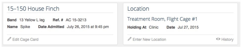 Patient header after saving, with the Location panel now showing treatment room, flight cage #1, at the clinic.