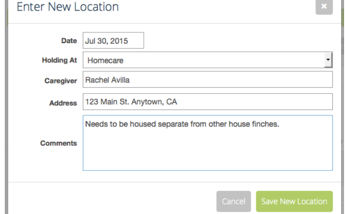 Enter New Location form set to homecare, with fields for the caregiver and their address.