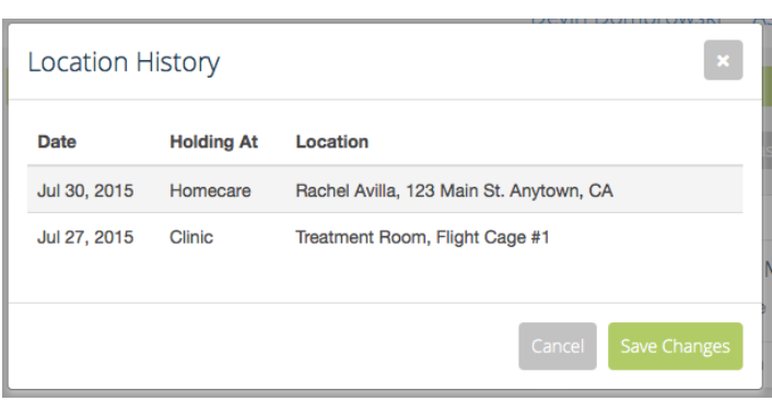 Location History window listing the patient’s move from a clinic flight cage to homecare three days later.