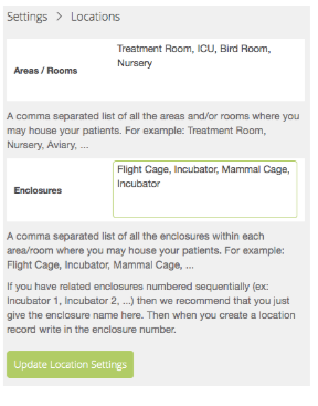 Location settings where an account lists its areas, rooms and enclosures once, separated by commas.
