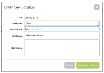 Enter New Location form suggesting “Treatment Room” as the area is typed, keeping spellings consistent.