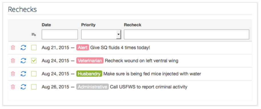 Rechecks list with four entries highlighted by priority, from alert to administrative, and one checked off as done.