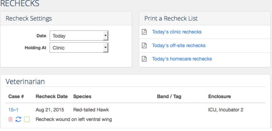 Rechecks page listing today’s clinic rechecks by priority, with links to print clinic, off-site and homecare lists.