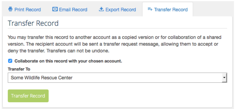 Transfer Record tab with a checkbox to collaborate on the record and a menu to choose the receiving account.