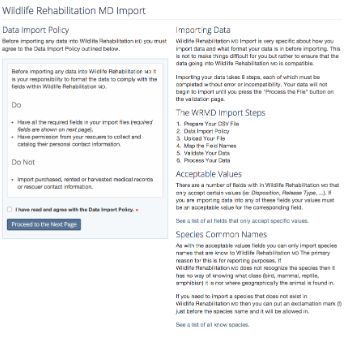WRMD Import page with the data import policy to agree to and six steps, from preparing a CSV file to processing it.