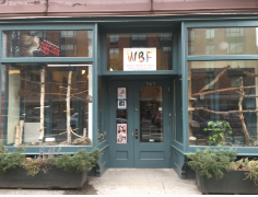 Wild Bird Fund storefront in Manhattan, with a WBF sign above the door and bare branches in the windows.